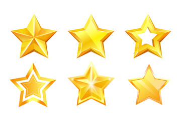 Gold star award glossy success medal shining prize set. Sparkle excellent point five star shape metallic golden reward or christmassy decoration vector illustration isolated on white background