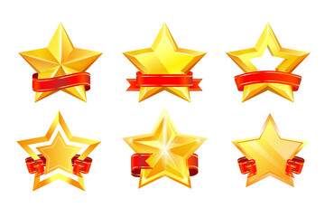 Obraz premium Gold star winner award medal with red curled ribbon set. Success and achievement certificate decorative emblem or guarantee approval glossy label vector illustration isolated on white background