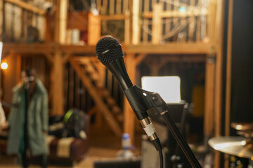 Microphone for recording vocals on a stand in the studio