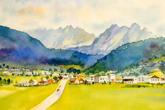 Watercolor painting landscape of Gosau is a village in the Austrian.
