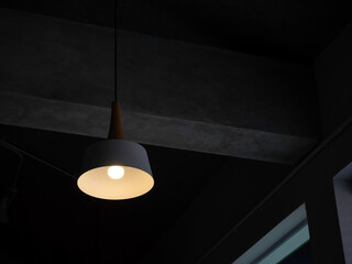 Modern round ceiling light with light bulb hanging from concrete construction.