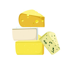 Pieces of different cheeses. Parmesan, camembert, blue cheese. Dairy products