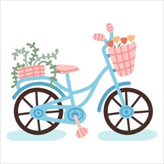 Fototapeta na wymiar Hand drawn bicycle with plants isolated on white background. Eco pedal transport carrying baskets with plants. Vector flat illustration