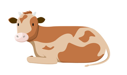 Obraz na płótnie Canvas A brown cow with spots is lying down. Farm animals on a white background
