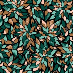 Inspired by nature leafy surface pattern. The colors of clustered foliage, mint, rose, bronze, green, are harmonious and nice. For variety of application from textile, home decor to paper or web realm