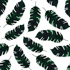 watercolor seamless pattern with green tropical leaves on a white background