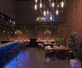 bar counter in a nightclub, interior visualization, 3D illustration