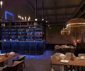 bar counter in a nightclub, interior visualization, 3D illustration