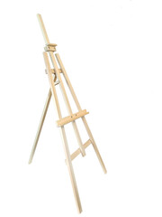 Isodized easel on a white background. Art canvas holder made of light wood. High quality photo