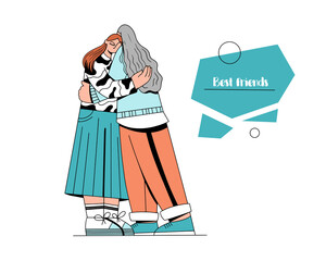 Cute characters are hugging. Friendship and support sign. Vector illustration on white background - female friendship, best friends. Young people having good time together. Happy friendship day. 