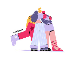 Cute characters are hugging. Friendship and support sign. Vector illustration on white background - female friendship, best friends. Young people having good time together. Happy friendship day. 