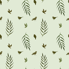 watercolor seamless pattern with green branches, leaves and birds on a blue background