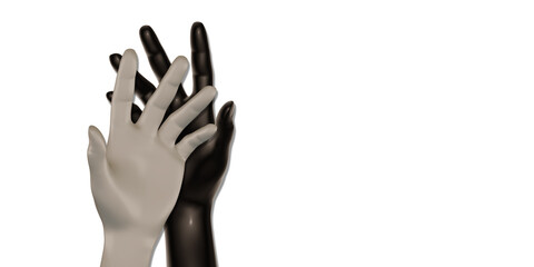 White and black hands White background 3d illustration