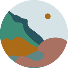 Mountain landscape circle emblem. Fir forest, trees and sun. Outdoor activity travel, tourism. Сard design. Vector concept isolated on white background. Vector icon