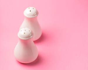 Salt and Pepper shaker isolated on pastel pink background. Copy space banner