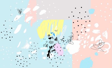 Obraz premium Contemporary pattern. Naive art. Brush, marker, highlight stroke. Abstract background. Vector artwork. Memphis vintage retro style. Children, kids sketch drawing. Pink, gray, blue, yellow, white color