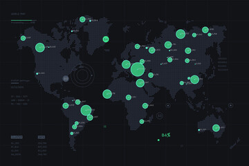 World map big data visualization. Hotspots on map. Global activity monitoring. Complex visual geo information. Human activity data map. Futuristic dashboard.