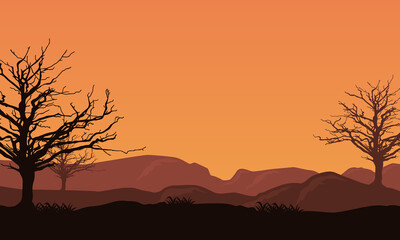 Mountain view and silhouette of dry trees around it at twilight in the afternoon. Vector illustration