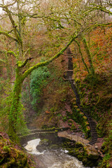 Forest waterfall in the Lake District. Winter photo with Autumn leafs
