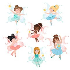 A set of three girls fairies. Cute little fairies. Ballerinas in costumes of fairies with wings. A magical creature. Vector illustration isolated on white background.