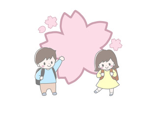 かわいい小学生2人と大きな桜の花の春の入学進級手描き風イラスト