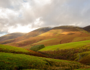 Beautiful sunny landscape of hills in the Lake District, UK, England