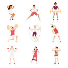 People Characters at Gym Doing Physical Exercise and Workout Vector Illustration Set