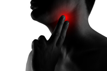 Sore throat, men with pain in neck isolated on white background