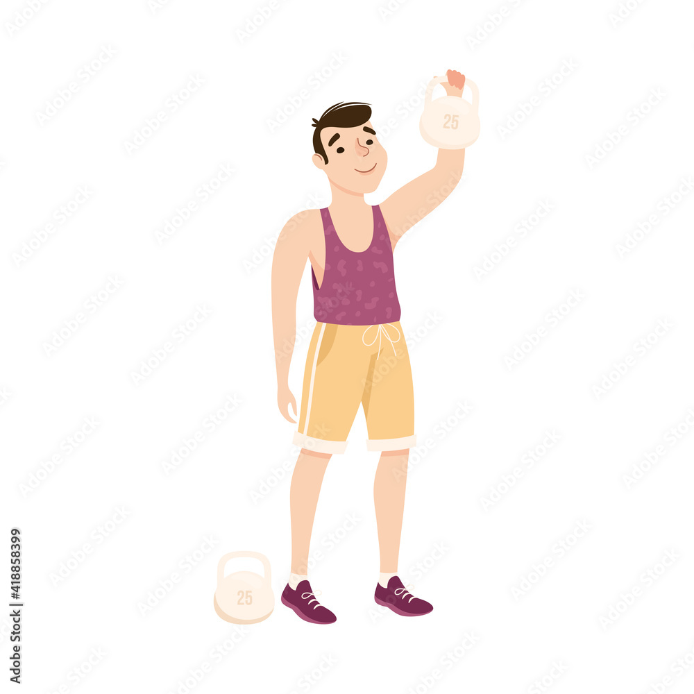 Sticker Man in Training Top and Shorts at Gym Lifting Kettlebell Doing Physical Exercise and Workout Vector Illustration