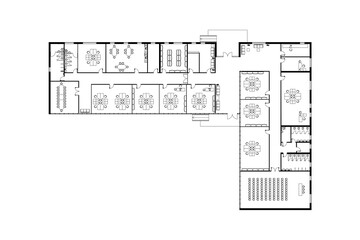 Modern office interior with furniture isolated on white. Vector blueprint. Architectural background. 