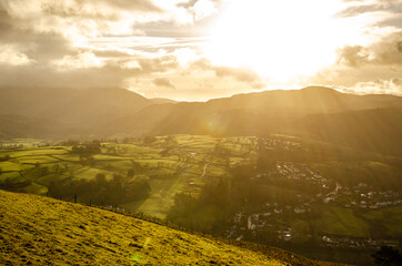 Beautiful sunny landscape over a valley in the Lake District, UK, England 