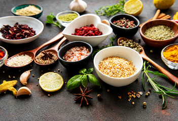 Various spices in a bowls on a black
