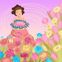 Portrait of a woman with a bouquet, flowers around, summer spring congratulation design concept card. Vector illustration