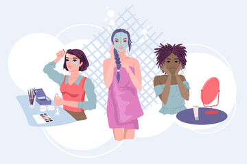 Different girls do make-up, smear cream on the skin. Home daily beauty care. Vector flat illustration