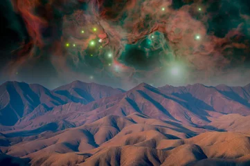 Poster Mountain landscape with fantastic space sky © luchschenF