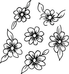 set of simple summer flowers drawings. abstract flower illustration. hand drawn vector art. black white illustration
