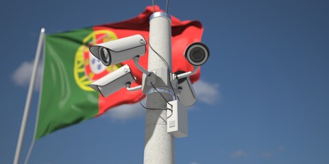 Security cameras near flag of Portugal, 3d rendering