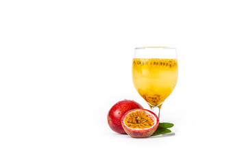 Passion fruit juice in long glass isolated on white background