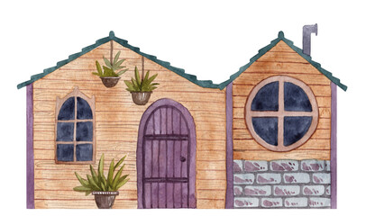 Watercolor wooden gnome house with curved windows and hanging potted plants