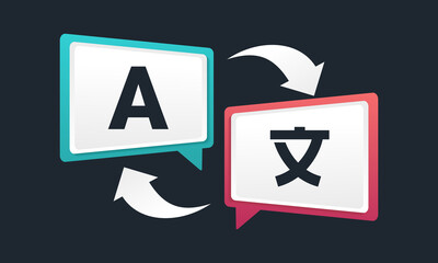 Translate sign. Two chat speech message bubbles with language translation. Isolated on dark background. Illustration vector