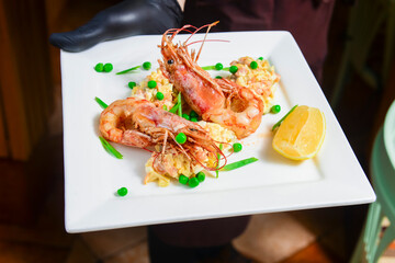 Shrimps, avocado and salmon salad served on a white plate by waiter in restaurant or diner.