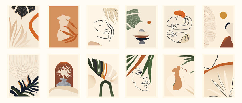 Modern minimalist abstract aesthetic illustrations. Bohemian style wall decor. Collection of contemporary artistic posters.