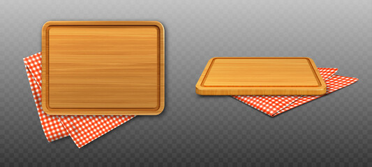 Wooden cutting board and red plaid tablecloth isolated on transparent background. Vector realistic set of 3d rectangle wood plank for cut food and folded table cloth with gingham pattern