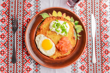 Healthy breakfast fried egg on a plate, healthy food. Ukrainian cuisine concept.