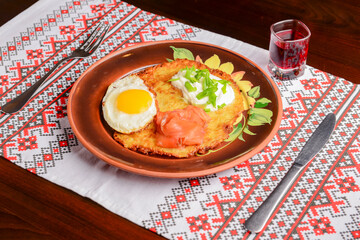 Healthy breakfast fried egg on a plate, healthy food. Ukrainian cuisine concept.