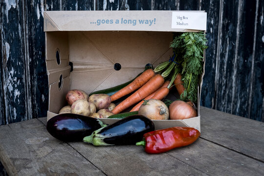 Close up of an organic vegetable box with a selection of fresh produce.