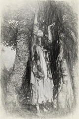 Fototapeta na wymiar beautiful shamanic girl in the nature, old photo effect.