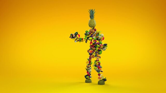 The funny dancing fruits create the shape of the figure. Energetic, cheerful, fresh plant dance on a bright colored background.