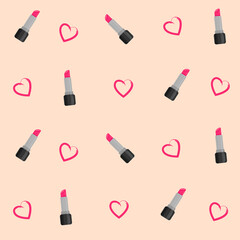 Vector fashion pattern with lipstick and hearts