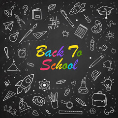 Back to school chalk doodle background on blackboard
